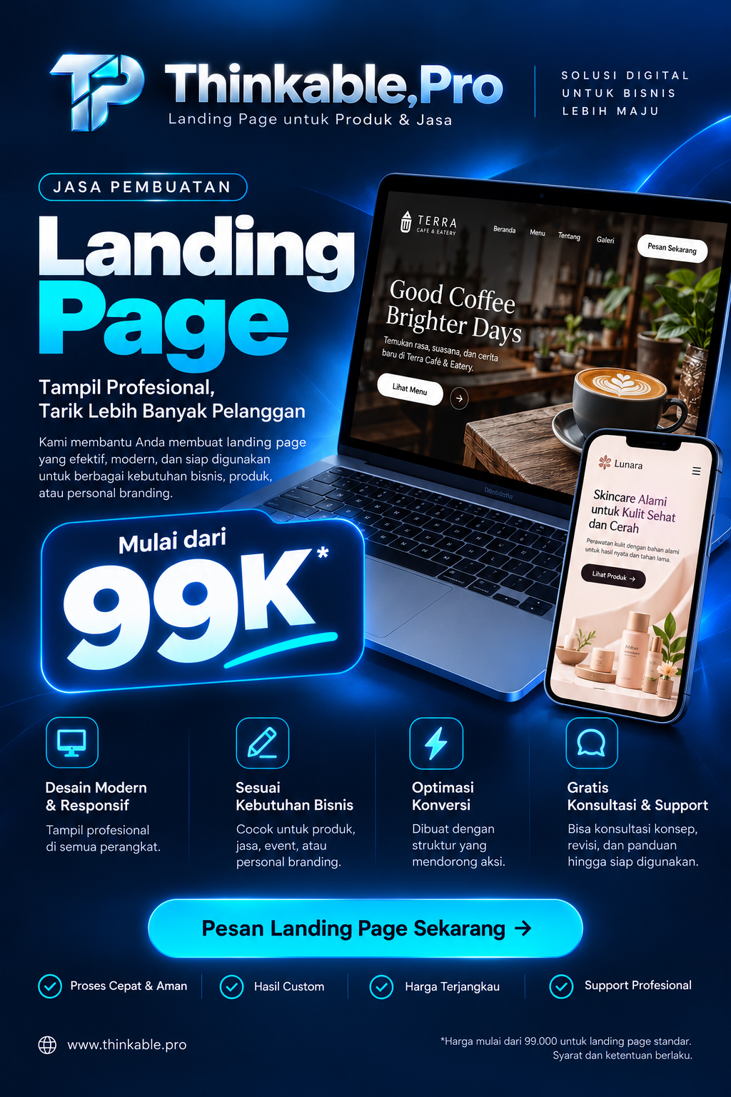 Referensi visual Thinkable.pro: landing page pada laptop dan ponsel dengan identitas navy dan cyan